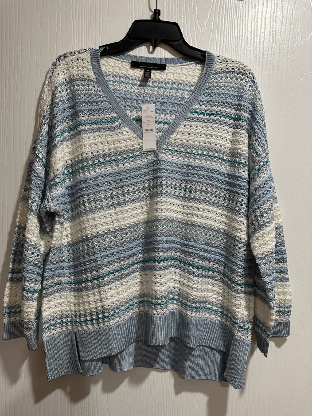 Light Blue Striped V-Neck Sweater - White House black market